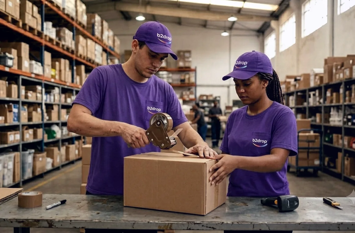 Equipe preparando um pedido para expedição